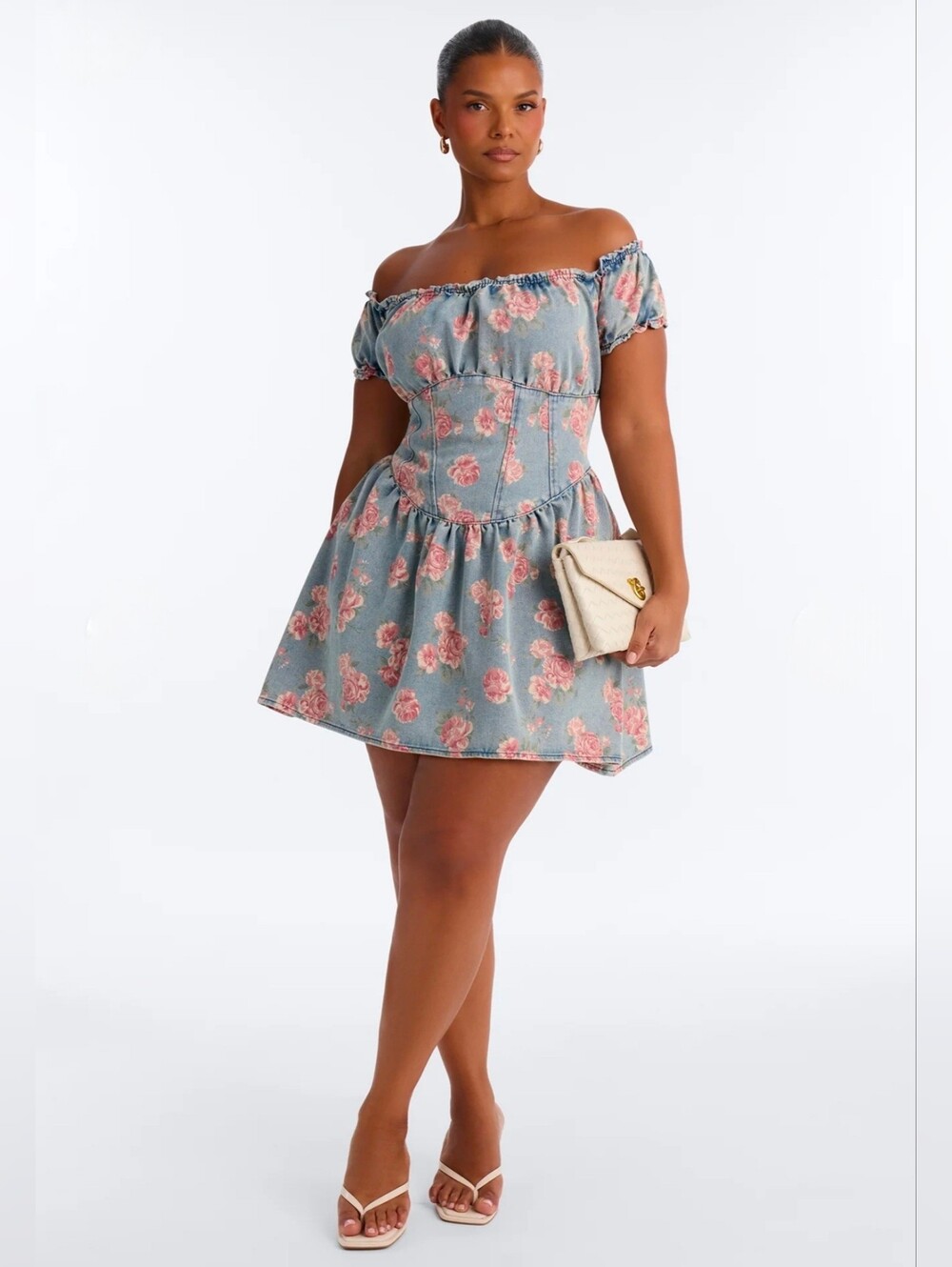 Off-Shoulder Floral Denim Mini Dress in Blue and Pink